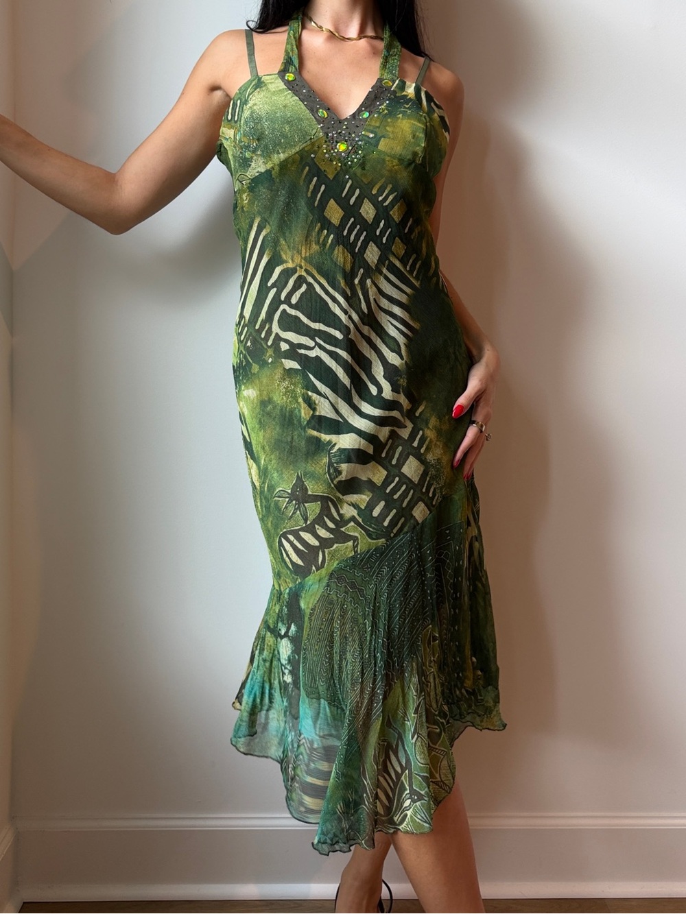 Artigli Y2K Green Tie Dye Safari Print Halter Maxi Dress Jeweled Derhy Style